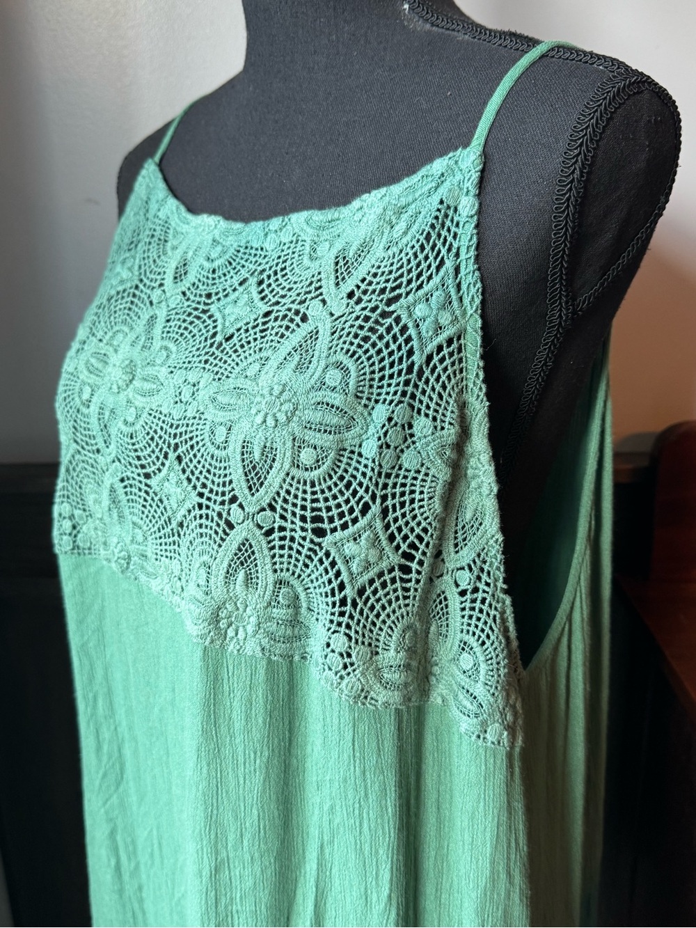 Myra bag Flowing Green Crochet-Detail boho Dress Large EUC - Picture 2 of 8